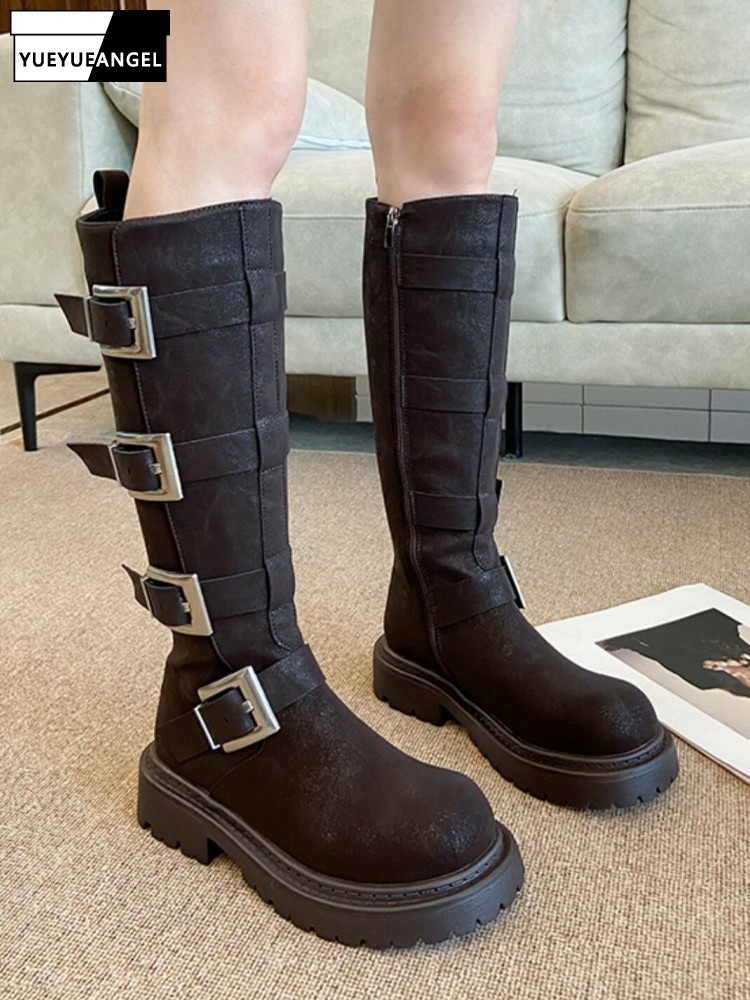 Leather Work Women Shoes - Bottes hautes multi-boucles pour femmes, style